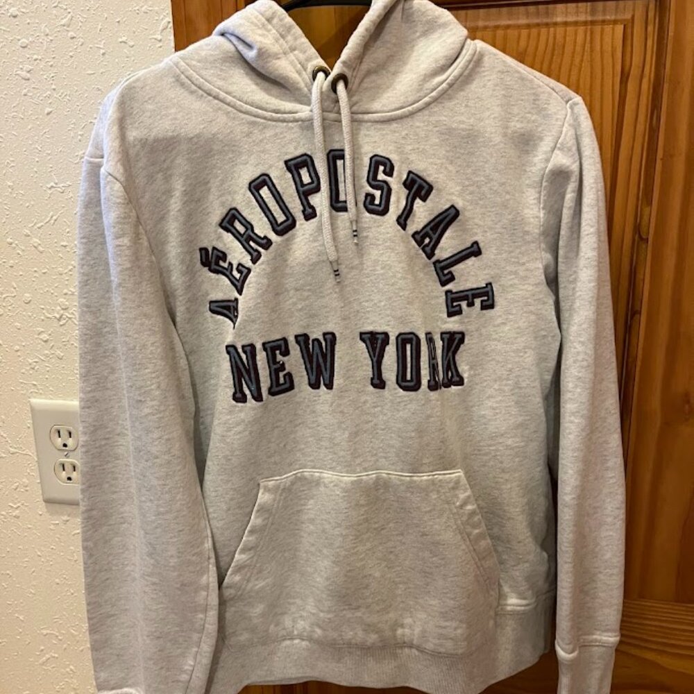 Aeropostale Light Gray Hoodie, Maroon & Blue Lettering, Small